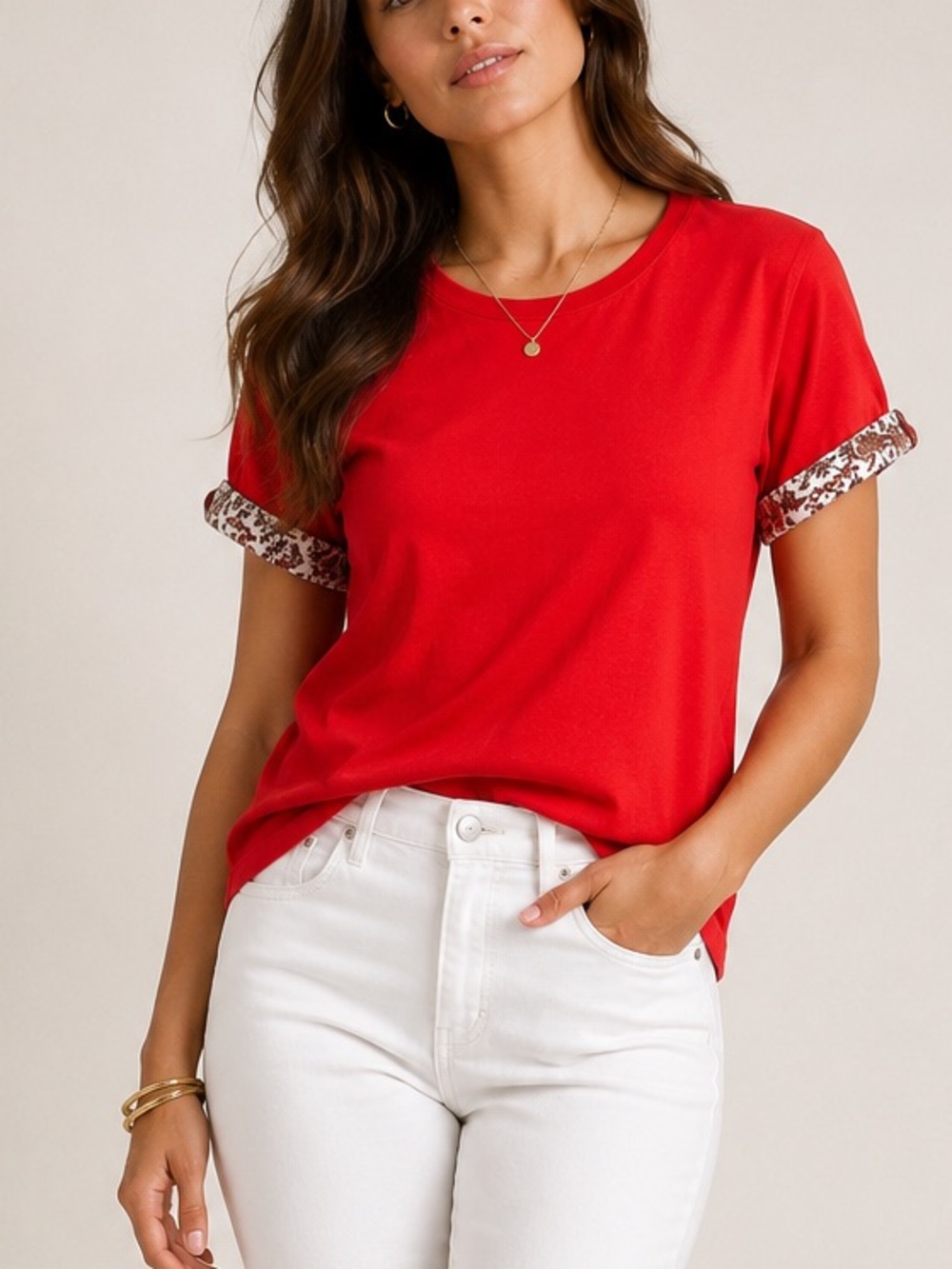 Zara Red Short Sleeve Tee with Printed Cuffs